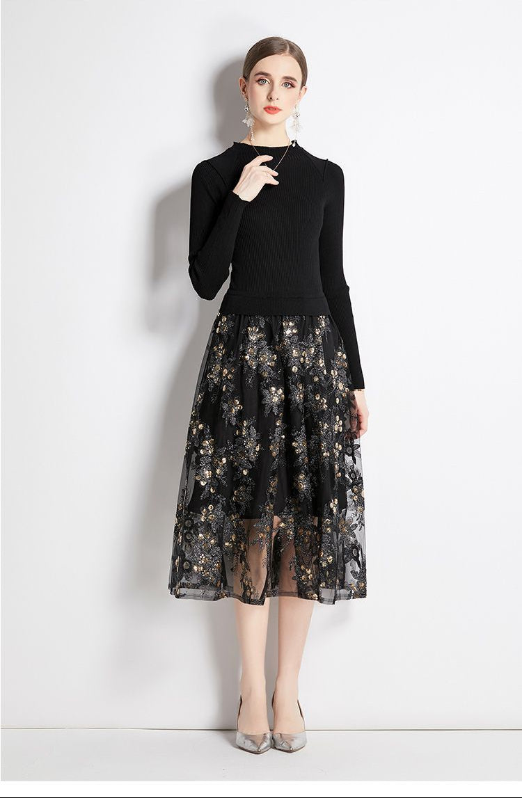 Siyah Zarafeti Triko Tül Elbise