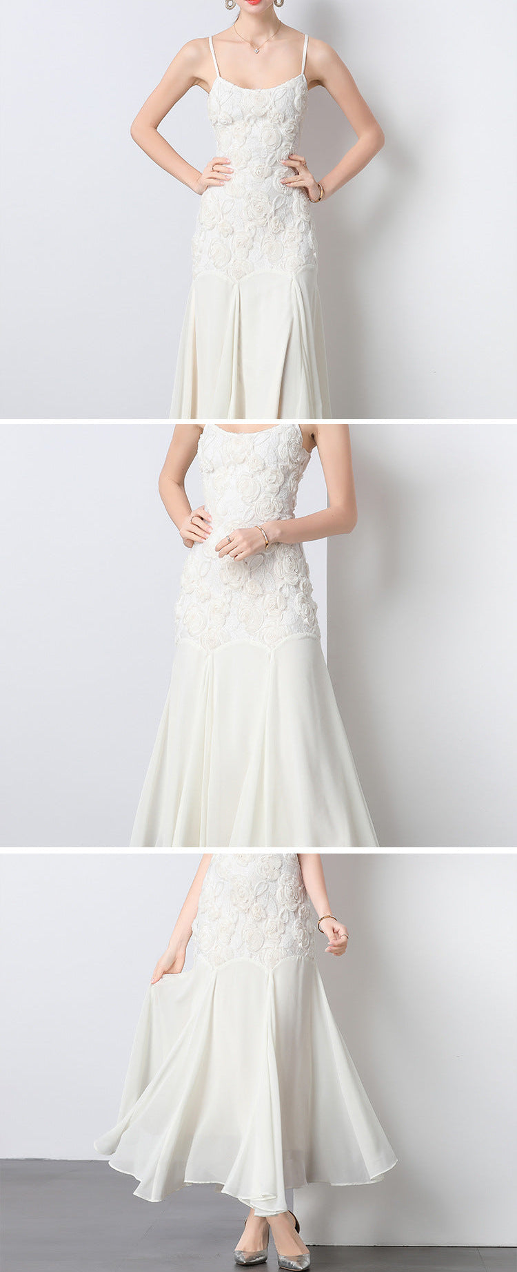 Fransız Stil Ağır İşlemeli Gül Nakışlı Askılı Balık Form Uzun Elbise