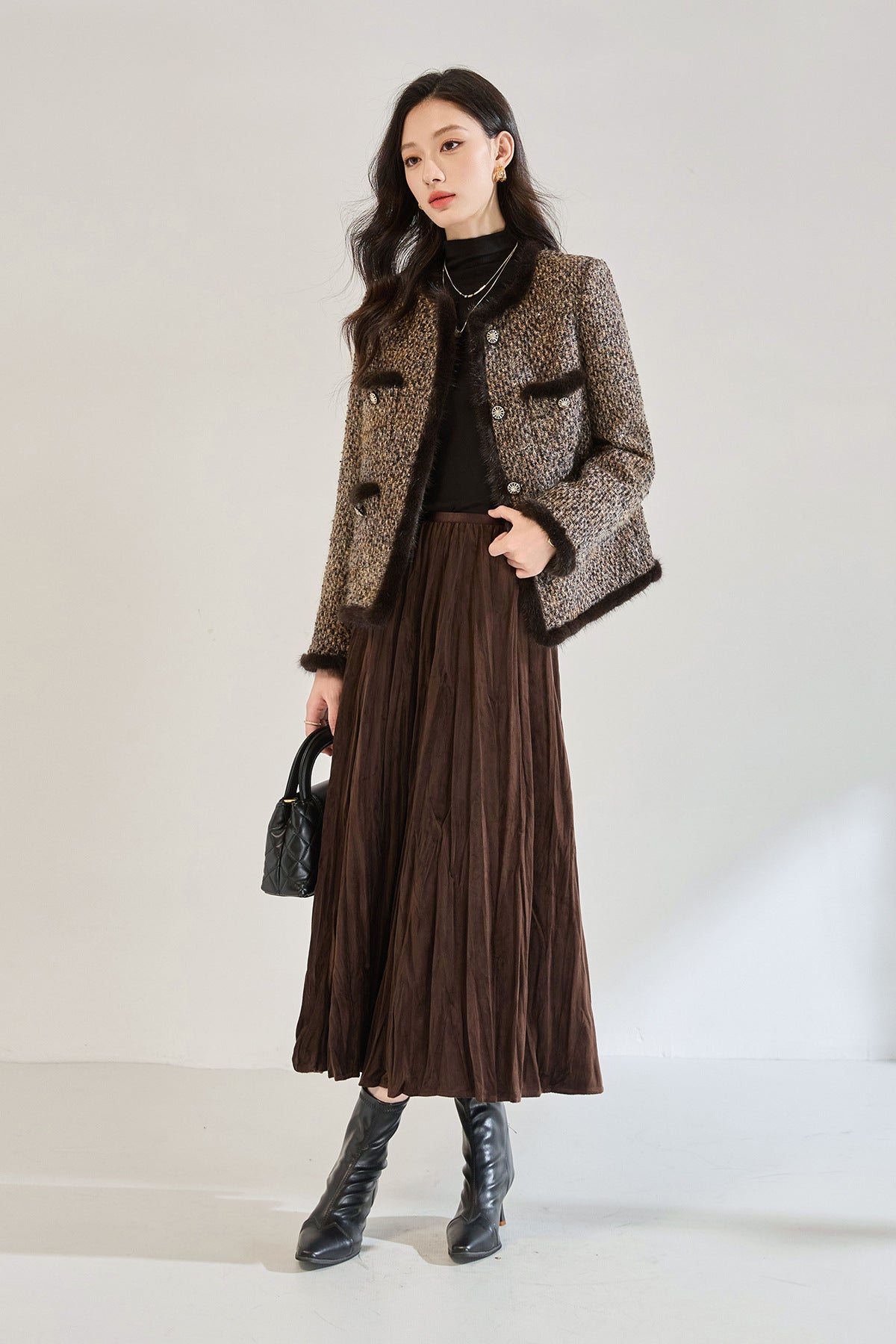 Lüks Tweed Ceket Formlu Beyaz Ördek Tüyü Dolgulu Kısa Mont