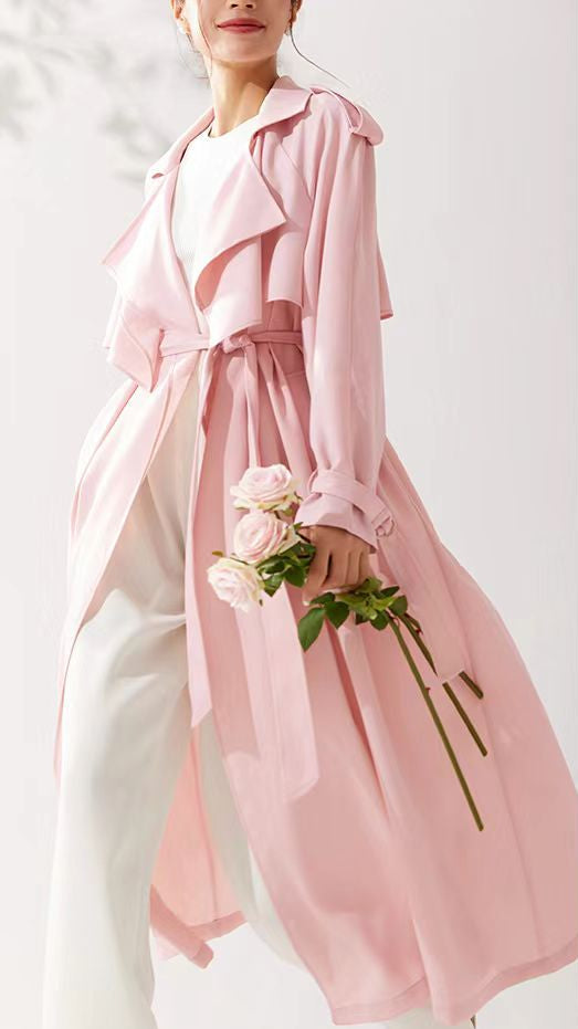 Pastel Pembe Incecik Dökümlü Trençkot
