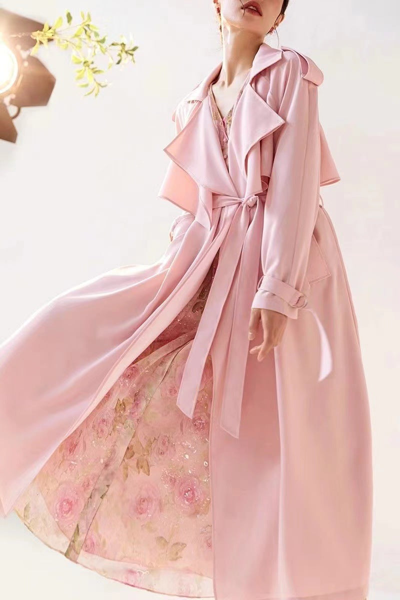 Pastel Pembe Incecik Dökümlü Trençkot