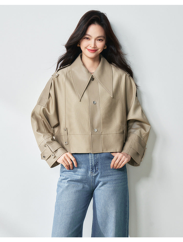 Western Stil Düğmeli Oversize Kısa Deri Ceket