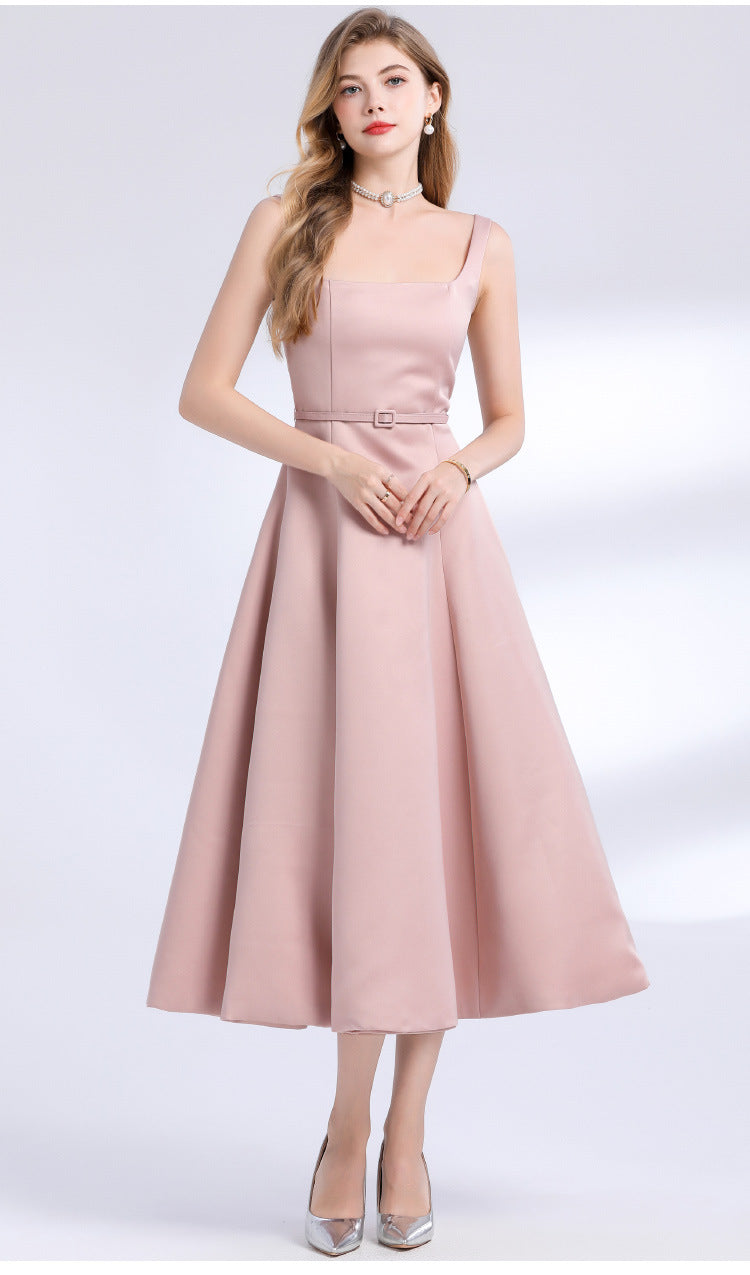 Fransız Stil Askılı Saten Elbise (Kemer Haric)