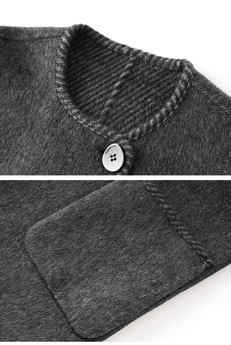 Yünlü Gri Uzun Kaban – Üç Boyutlu Doku ve Yuvarlak Yaka Detaylı