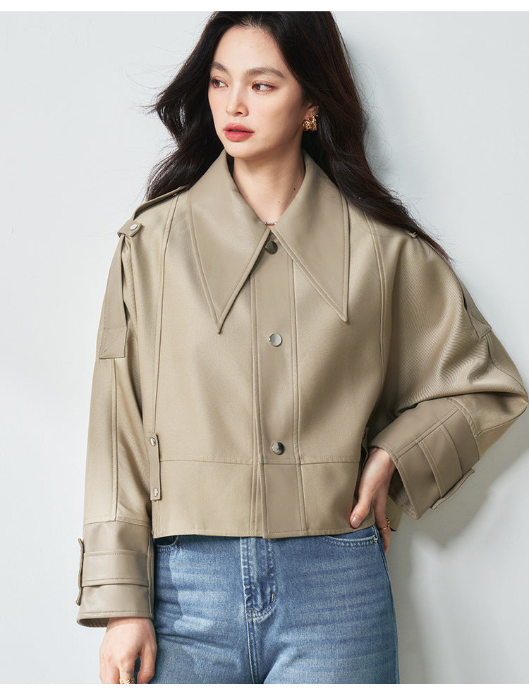 Western Stil Düğmeli Oversize Kısa Deri Ceket