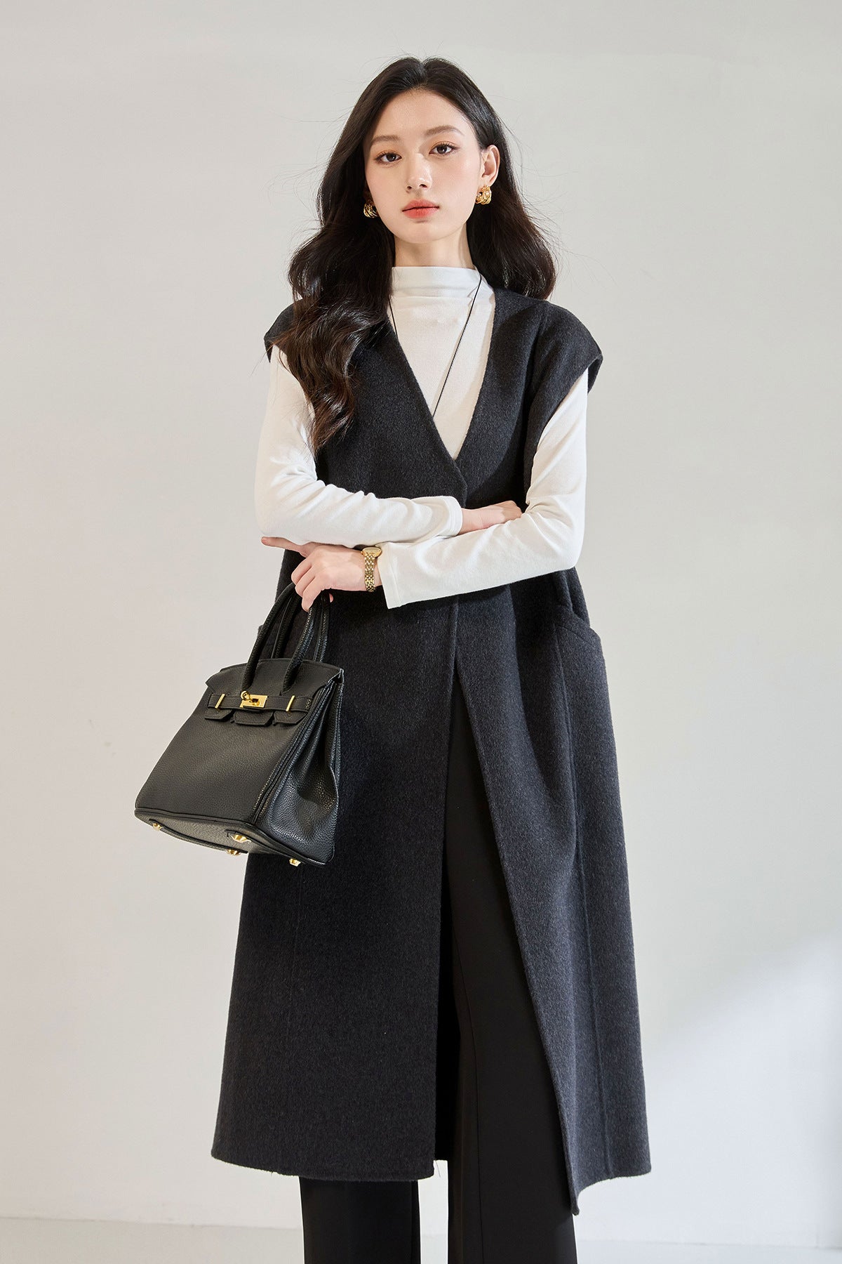 Klasik V-Yaka Yün Karışımlı Uzun Kaşe Yelek