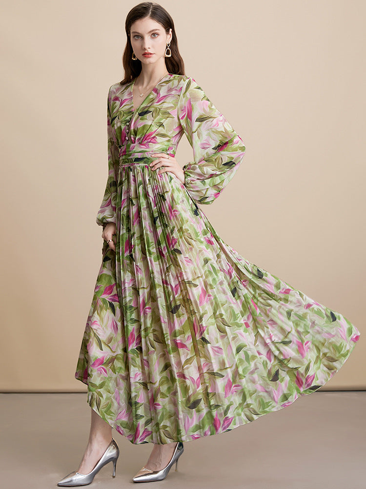 Vintage V Yaka Çiçek Desenli Uzun Elbise