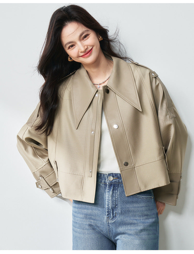 Western Stil Düğmeli Oversize Kısa Deri Ceket