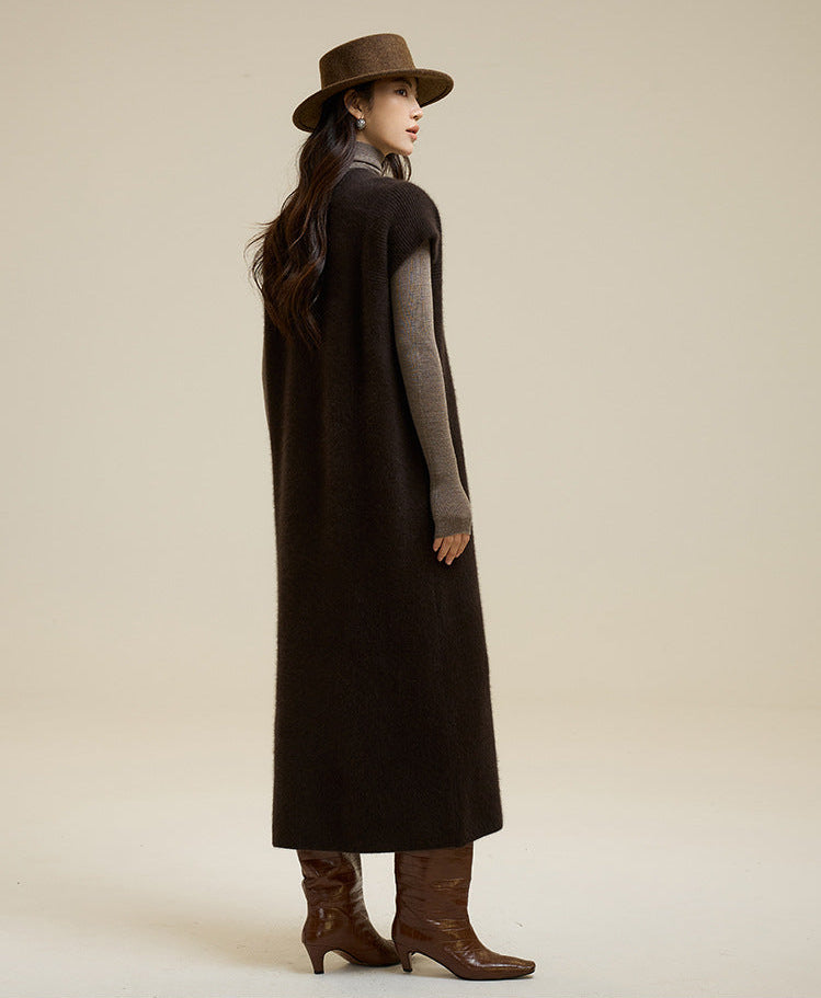 V Yaka Yün Karışımlı Oversize Yelek Elbise