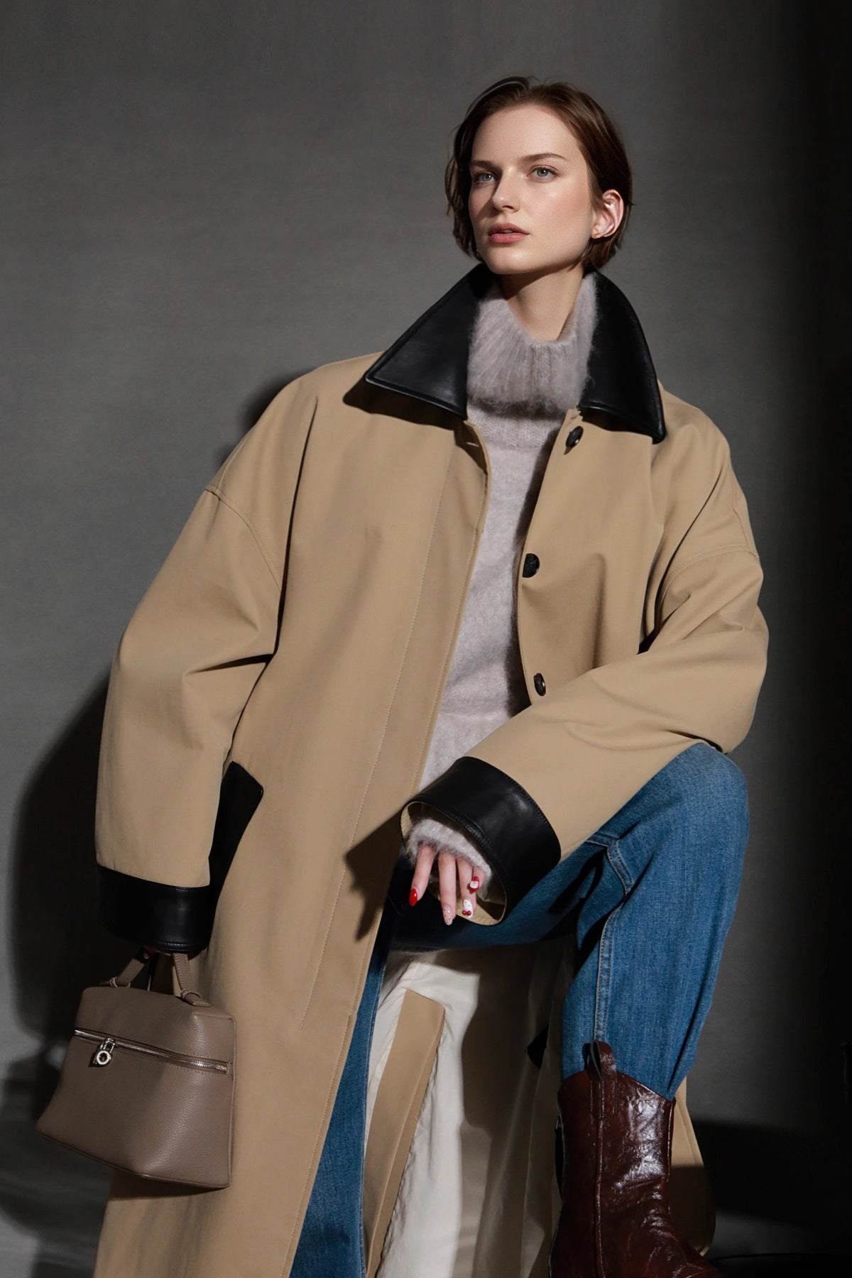 Deri Detaylı Polo Yaka Oversize Uzun Trençkot