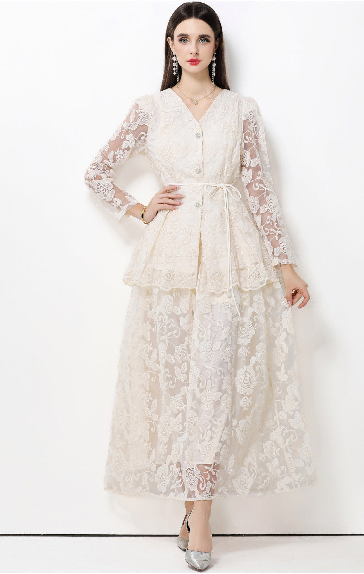 Fransız Stil Dantelli V-Yaka Uzun Kollu Üst & Etek İki Parça Takım