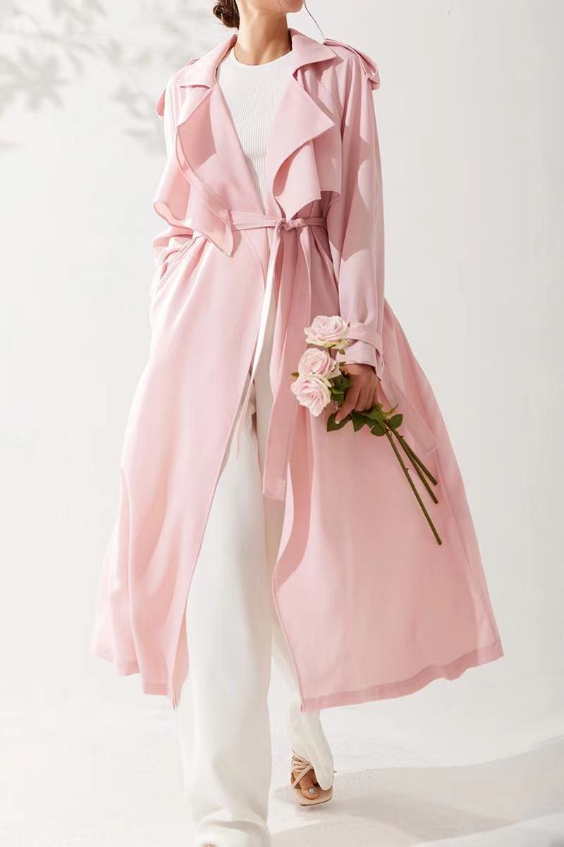 Pastel Pembe Incecik Dökümlü Trençkot