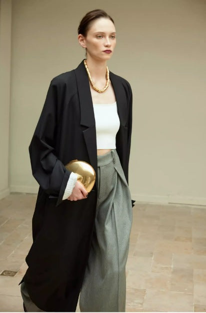Lüks Yün Dokulu Oversize Uzun Blazer Ceket