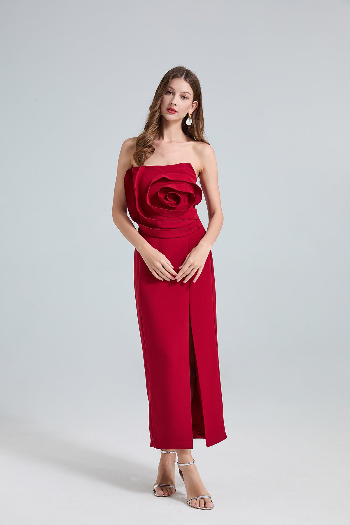 Gül Detaylı Balık Model Yırtmaçlı Abiye Elbise