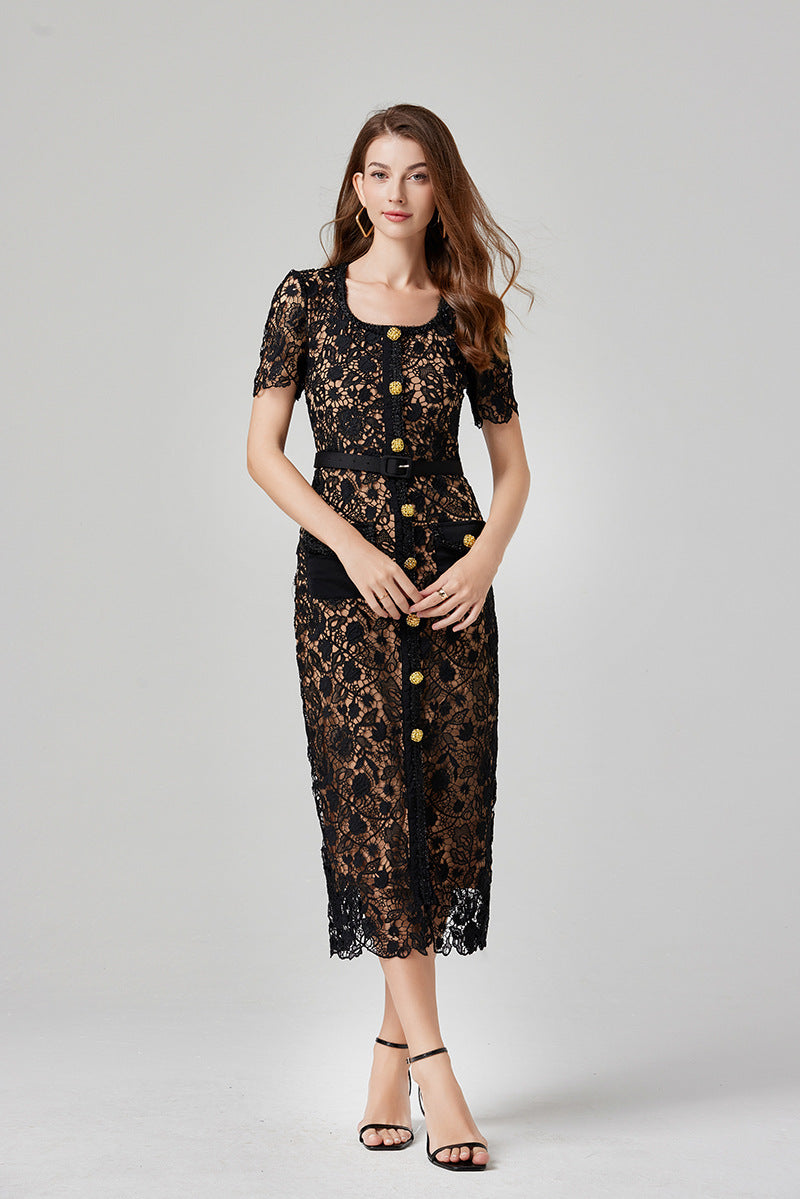Hollow Dantel Midi Elbise