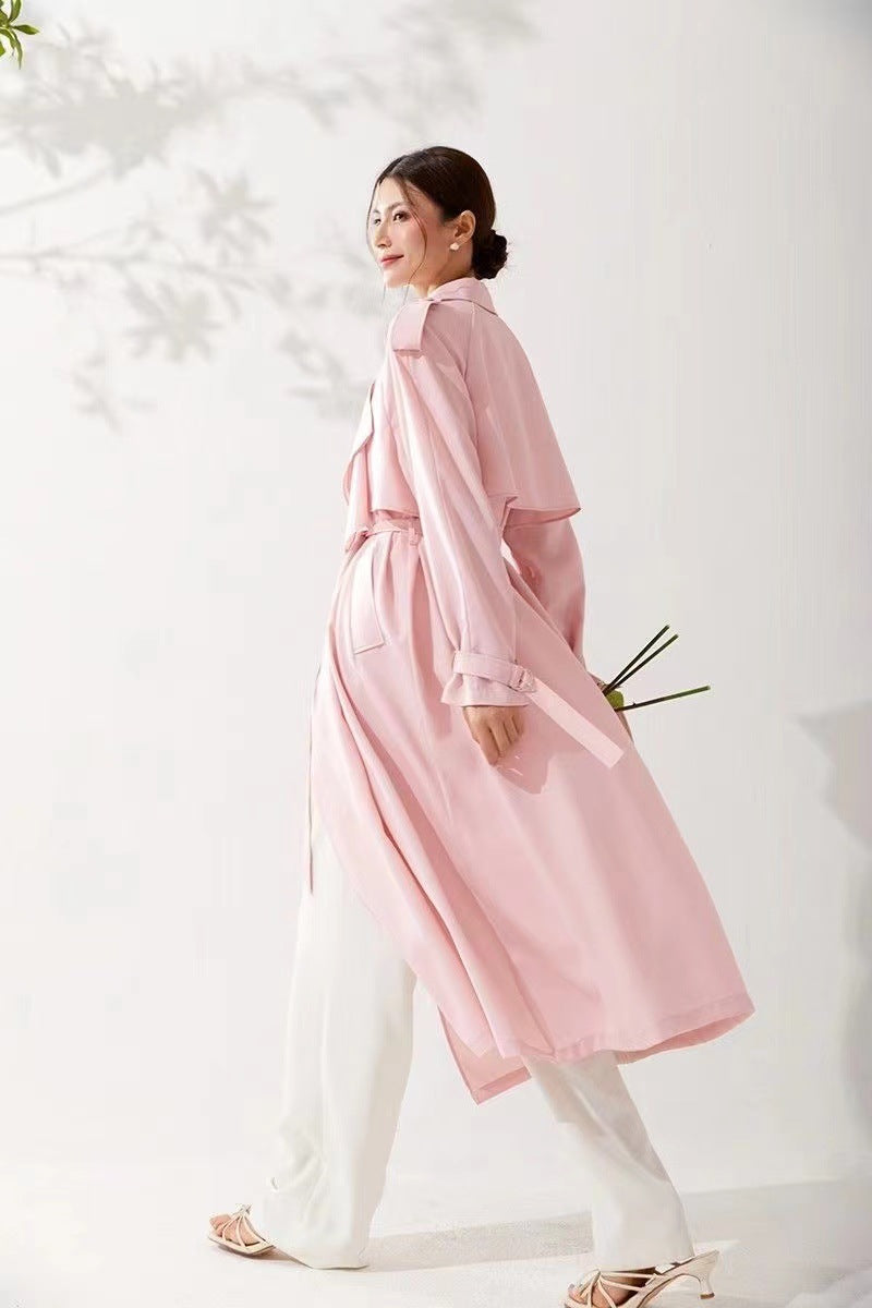 Pastel Pembe Incecik Dökümlü Trençkot