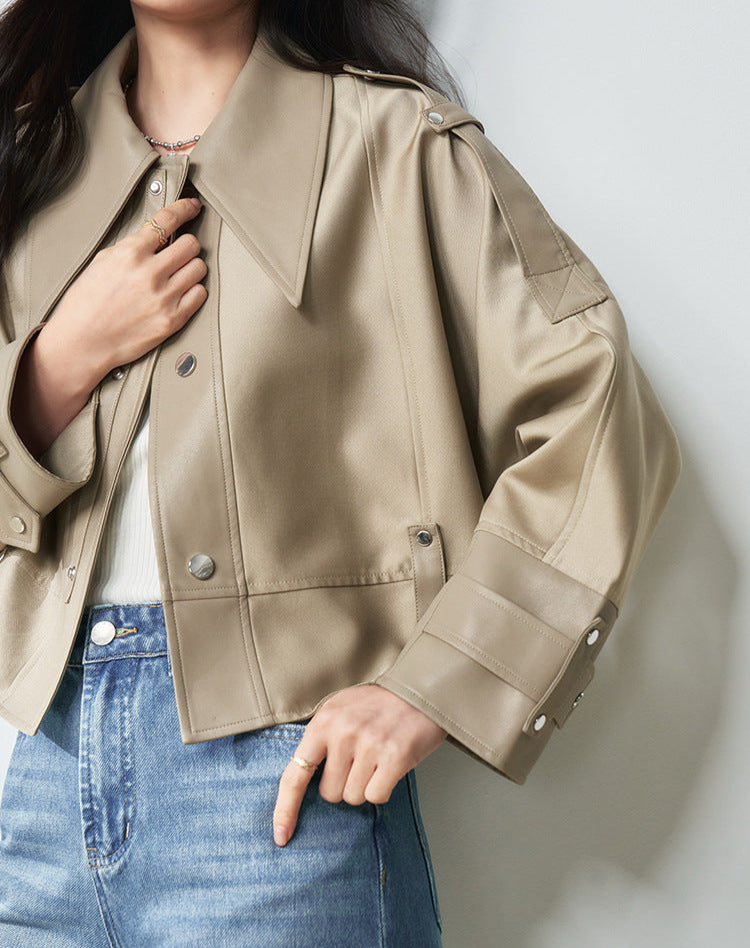 Western Stil Düğmeli Oversize Kısa Deri Ceket