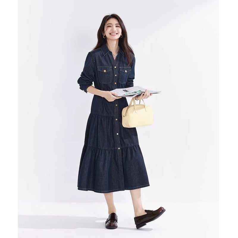 Yüksek Belli Katmanlı Midi Denim Elbise