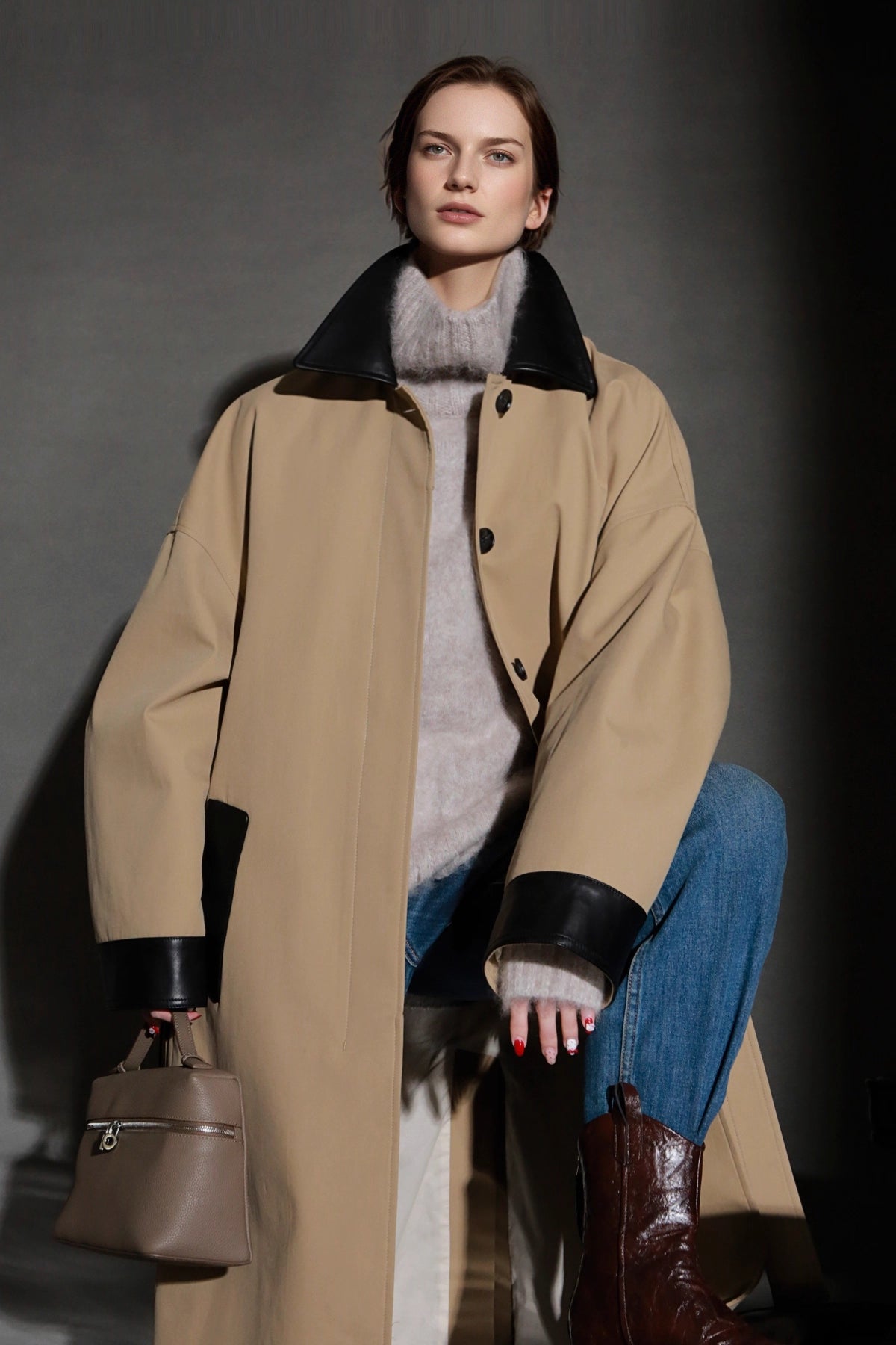 Deri Detaylı Polo Yaka Oversize Uzun Trençkot