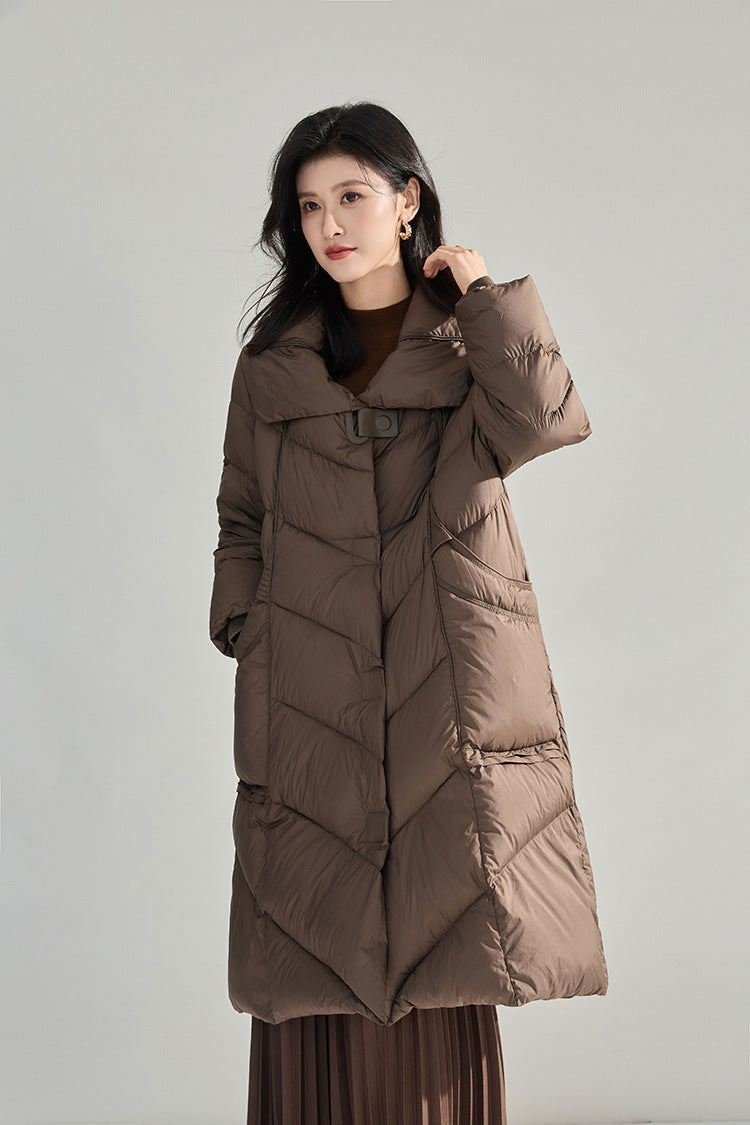 Minimalist Oversize Tasarım Deri Düğmeli Kaz Tüyü Şişme Mont
