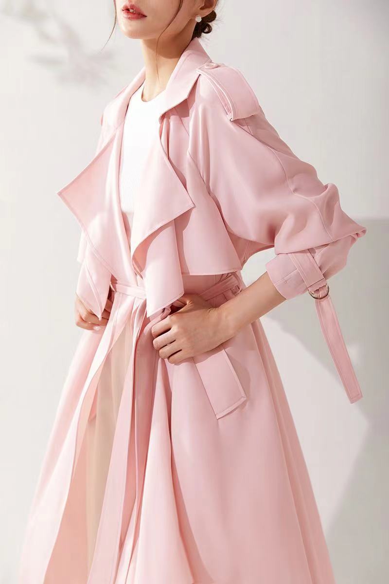Pastel Pembe Incecik Dökümlü Trençkot