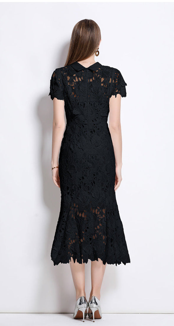 Dantel Detaylı Yüksek Yaka Kısa Kollu Yazlık Midi Elbise