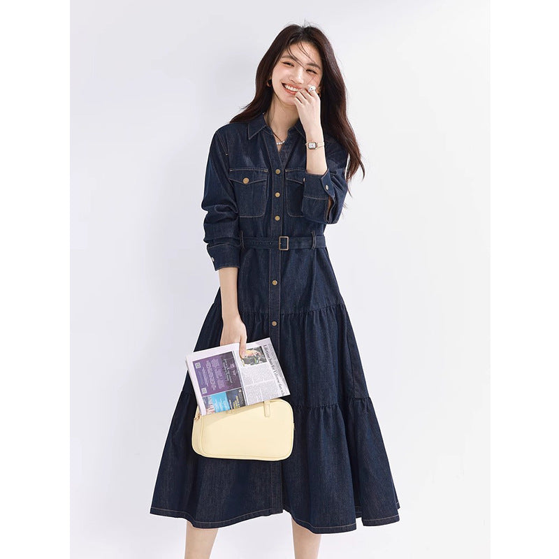 Yüksek Belli Katmanlı Midi Denim Elbise