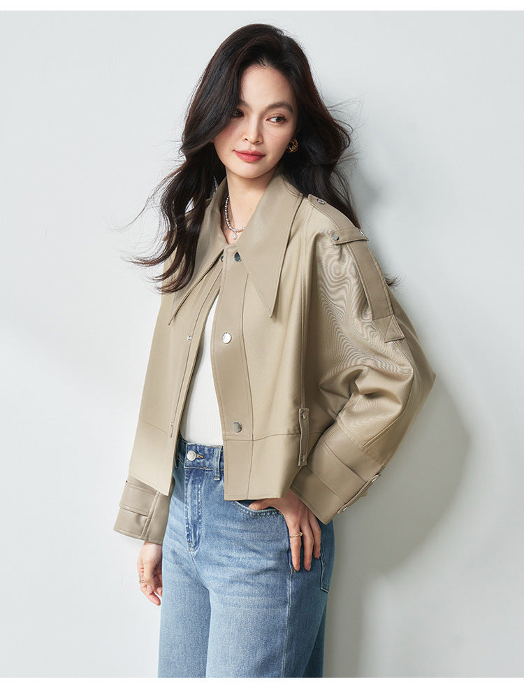Western Stil Düğmeli Oversize Kısa Deri Ceket