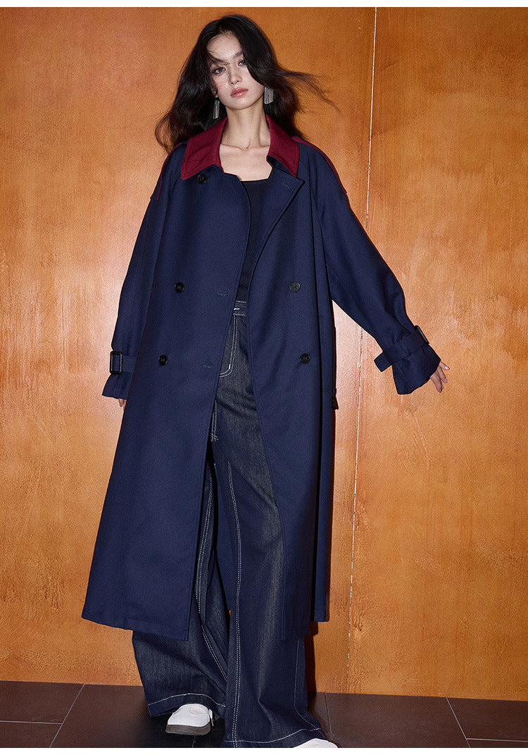 Kontrast Detaylı Retro Tarz Orta Boy Loose Trençkot