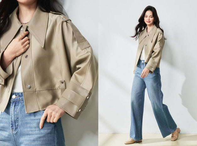 Western Stil Düğmeli Oversize Kısa Deri Ceket