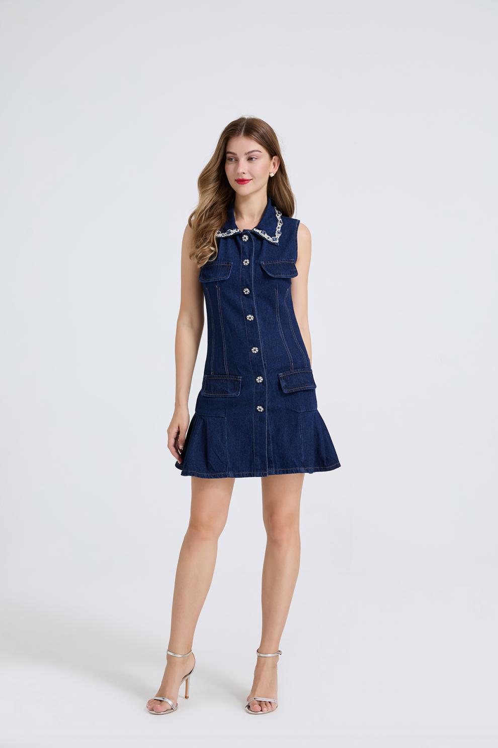 Taş Detaylı Denim Polo Mini Elbise
