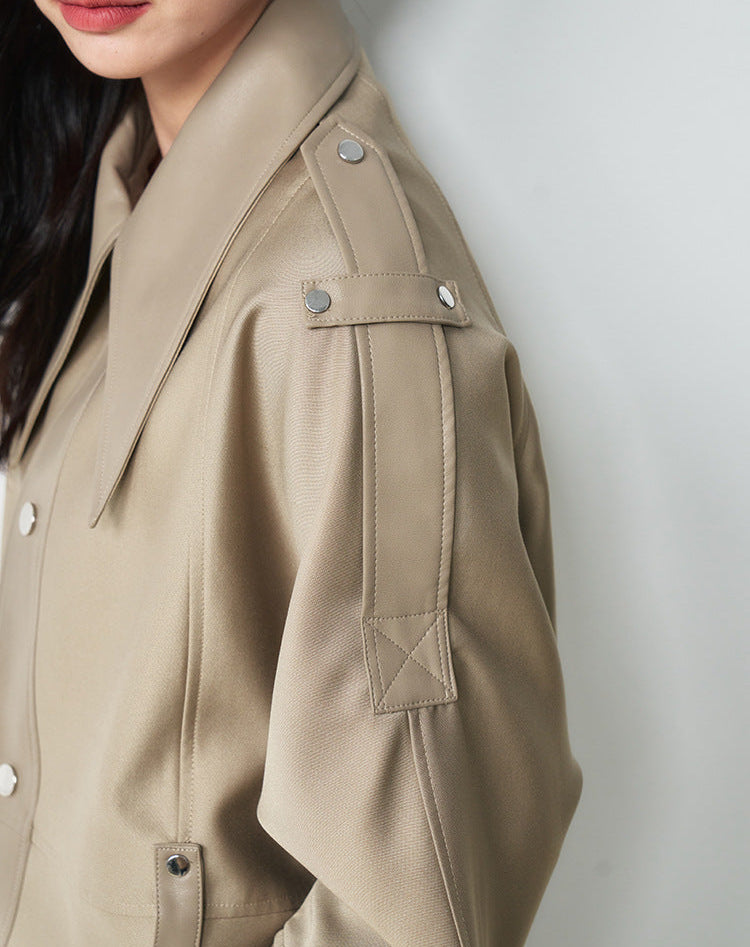 Western Stil Düğmeli Oversize Kısa Deri Ceket
