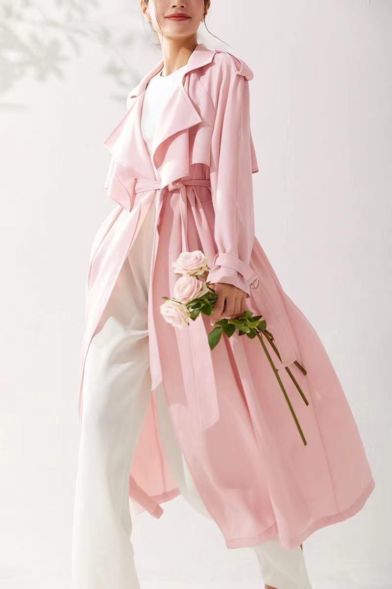 Pastel Pembe Incecik Dökümlü Trençkot