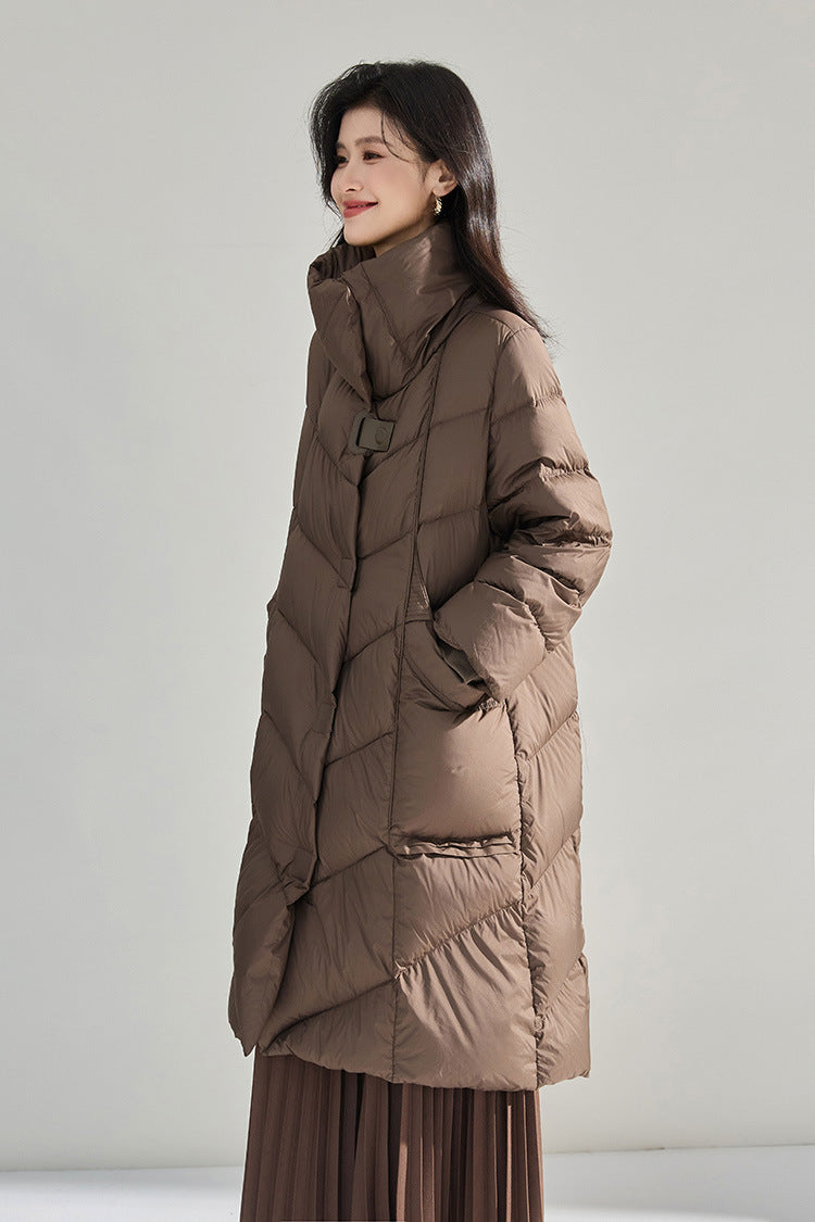Minimalist Oversize Tasarım Deri Düğmeli Kaz Tüyü Şişme Mont
