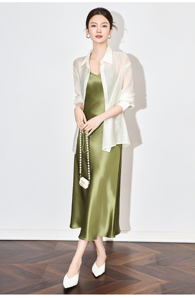 Saten Dokulu Askılı Asetat Elbise