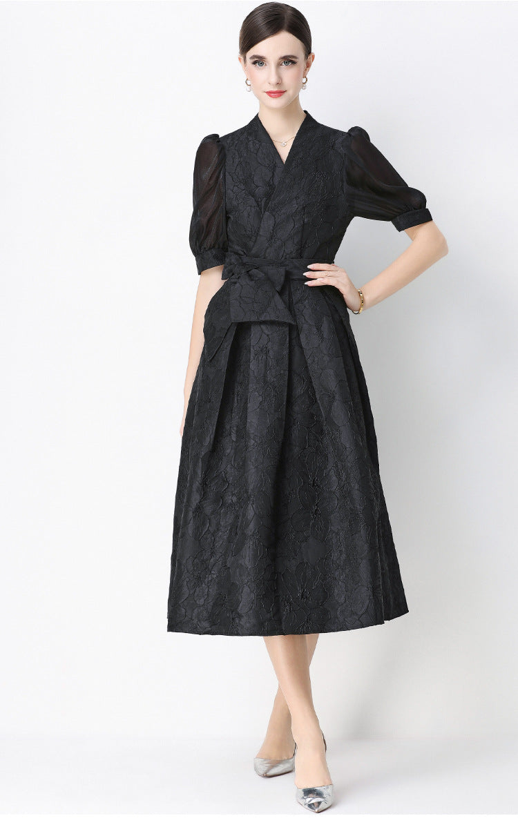 Jakarlı Balon Kol Uzun Elbise