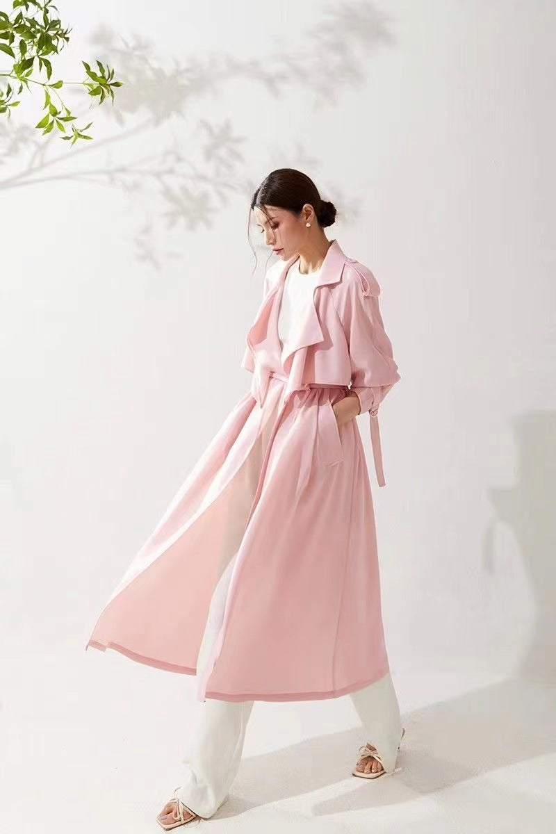 Pastel Pembe Incecik Dökümlü Trençkot