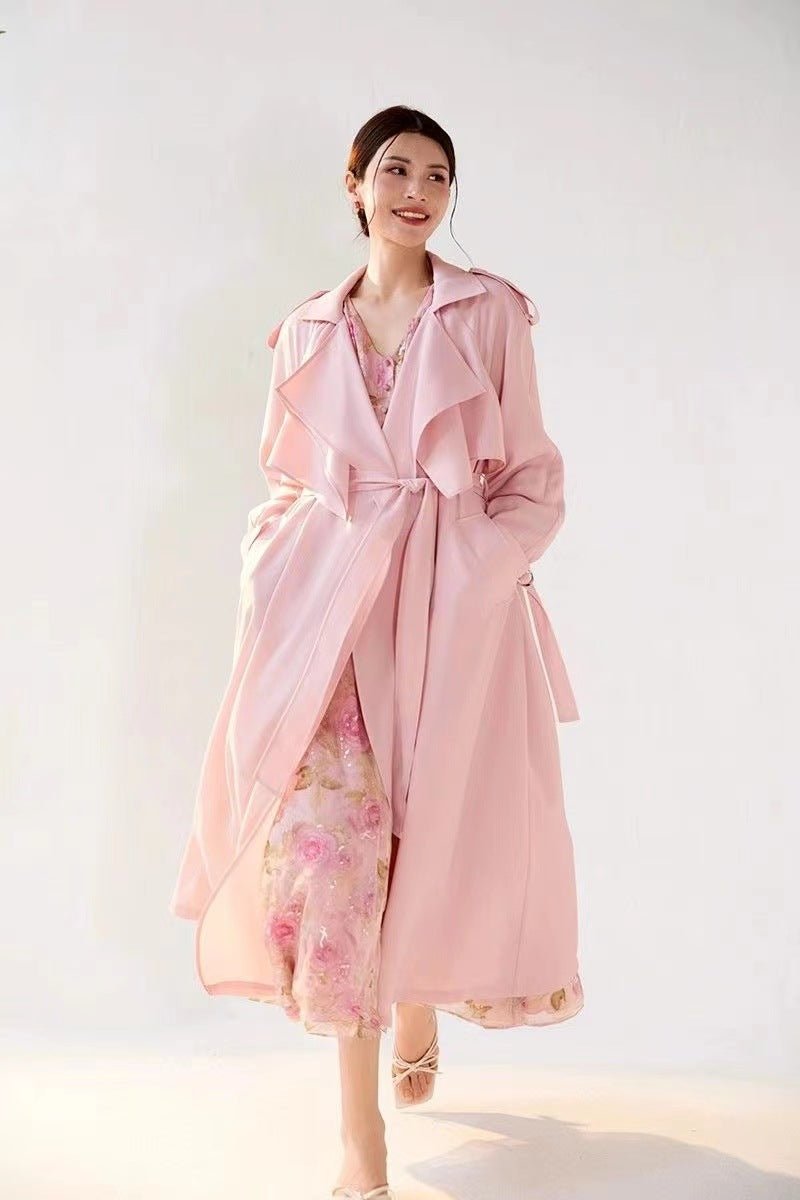 Pastel Pembe Incecik Dökümlü Trençkot