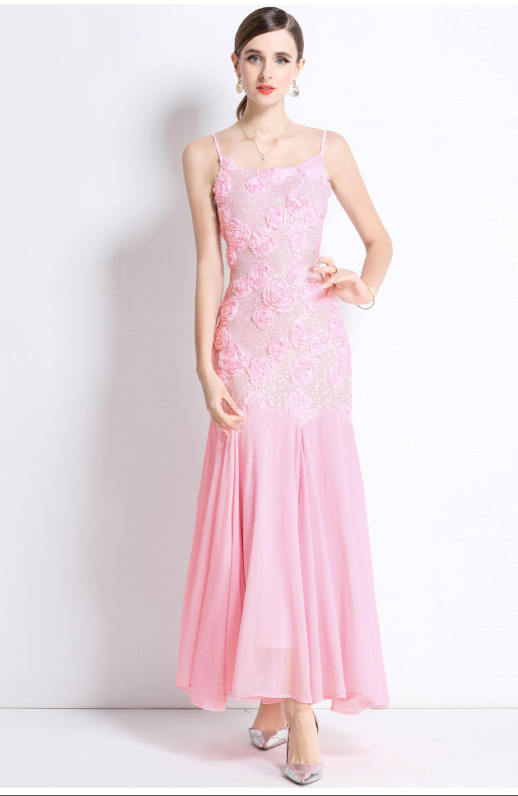 Fransız Stil 3D Çiçek Desenli Askılı Yüksek Bel Balık Form Uzun Elbise