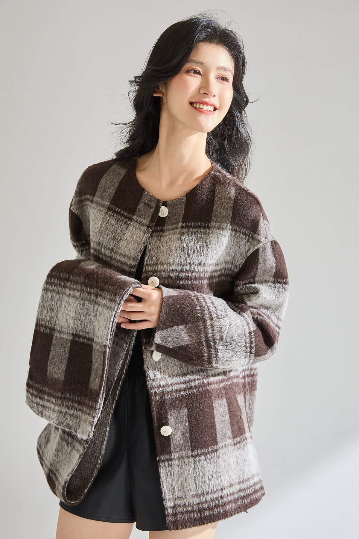 Çift Taraflı Yün Karışımlı Kısa Ekose Ceket