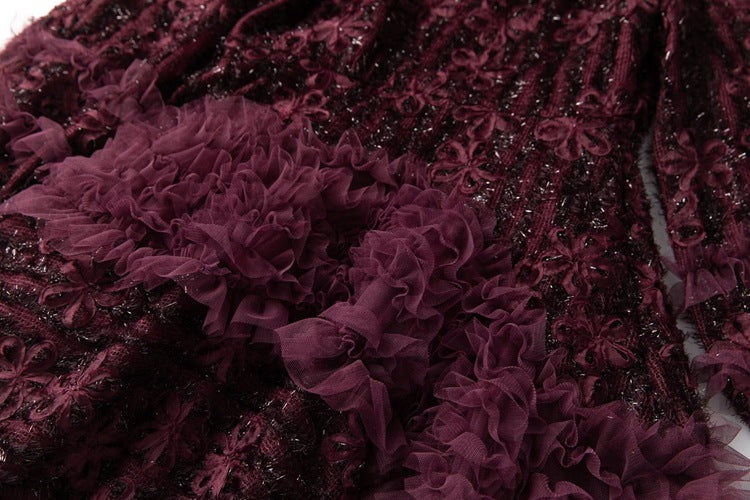 Mürdüm 3D Çiçek Detaylı Volanlı Elbise