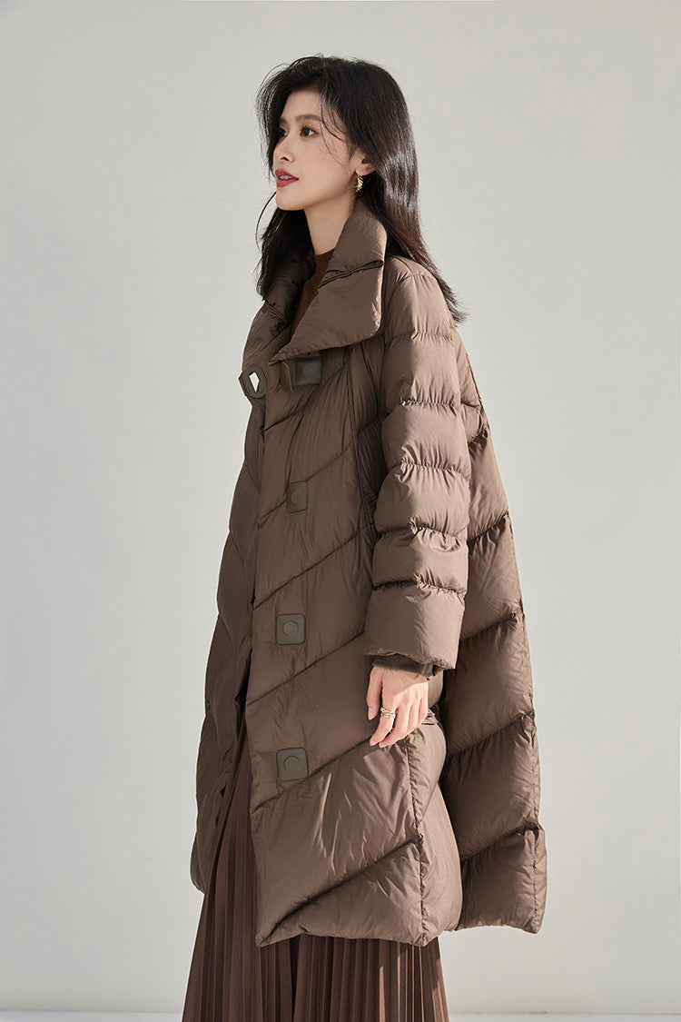 Minimalist Oversize Tasarım Deri Düğmeli Kaz Tüyü Şişme Mont