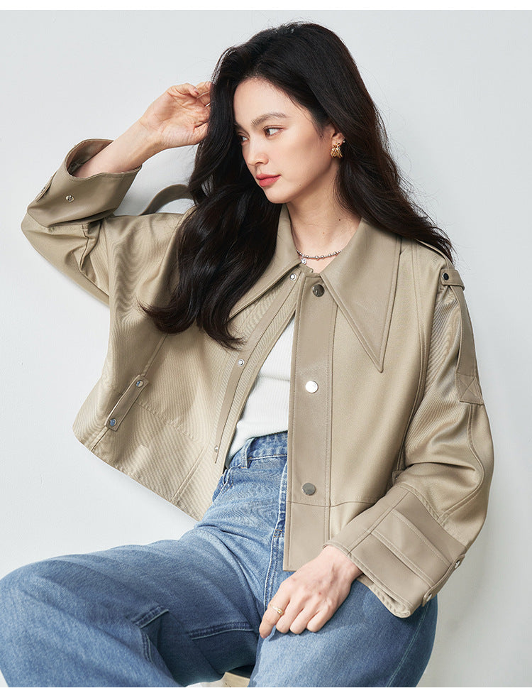 Western Stil Düğmeli Oversize Kısa Deri Ceket
