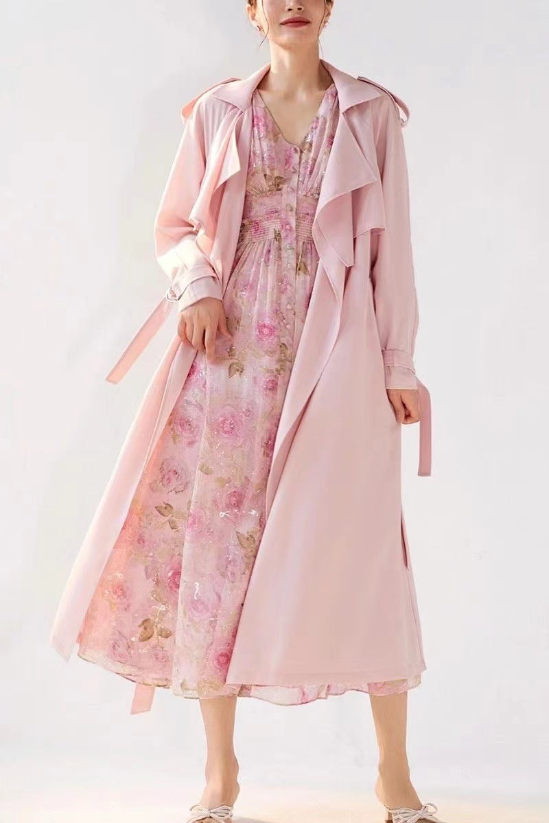 Pastel Pembe Incecik Dökümlü Trençkot