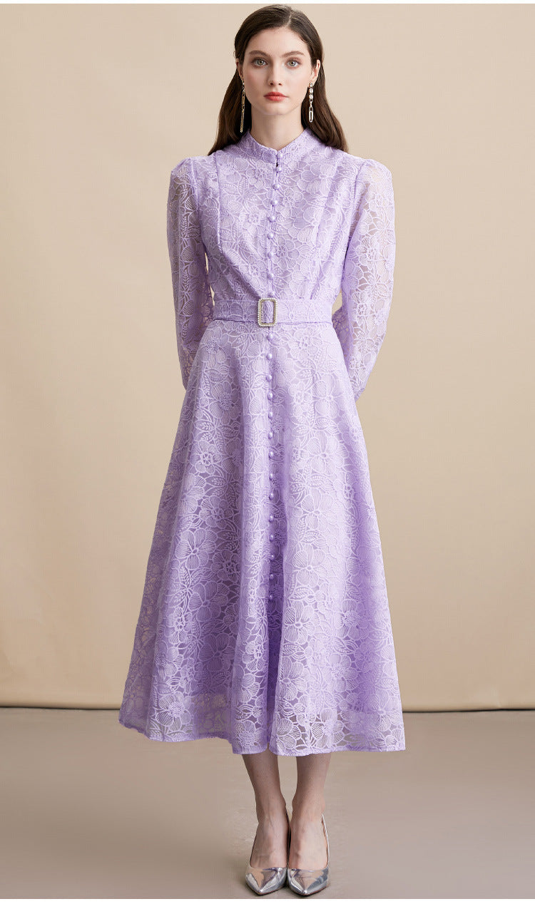 Fransız Zarafeti Dantel Nakışlı Yüksek Belli Uzun Elbise