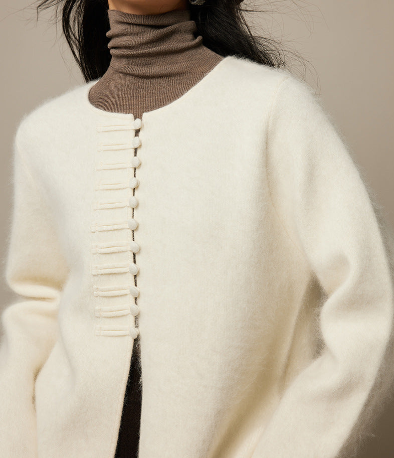 Zarif Çin Düğmeli Yün Karışımlı Triko Hırka