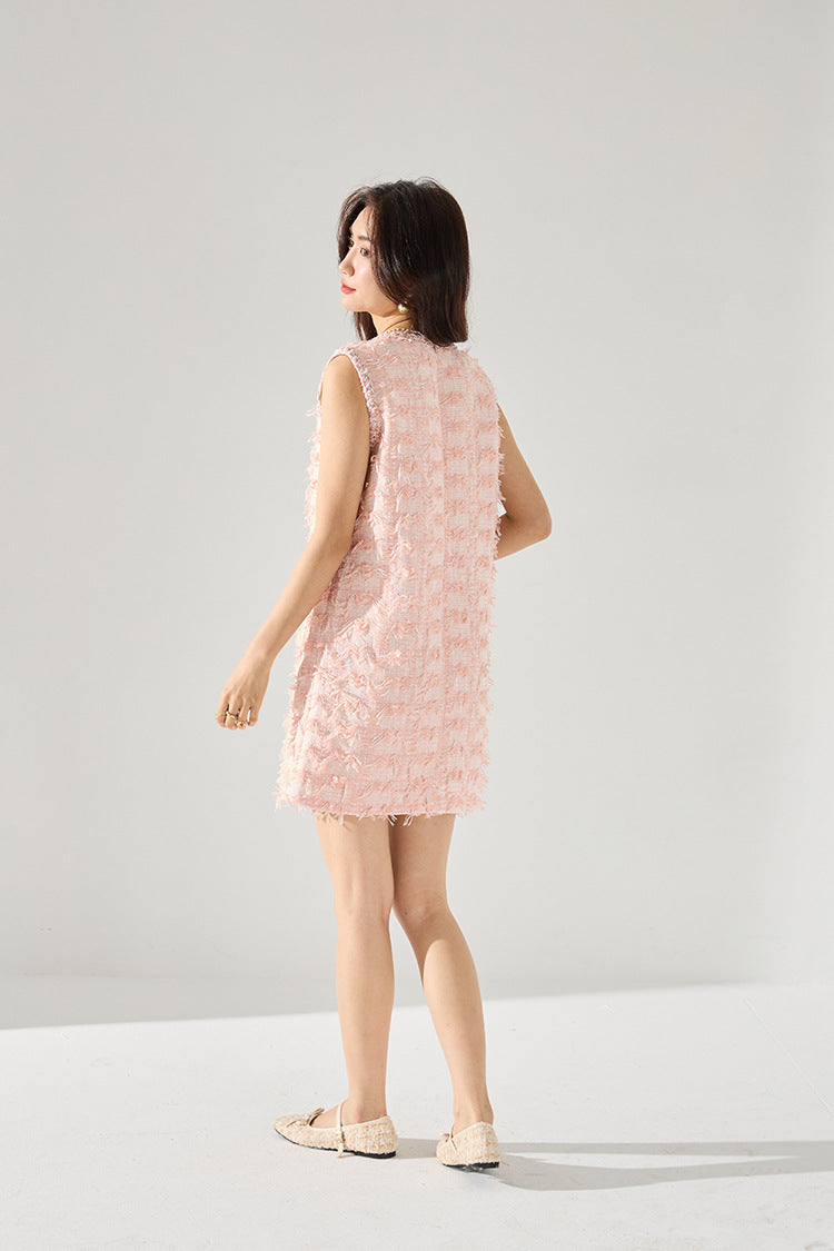 Pembe Kolsuz Püsküllü Mini Elbise