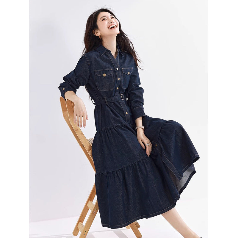Yüksek Belli Katmanlı Midi Denim Elbise