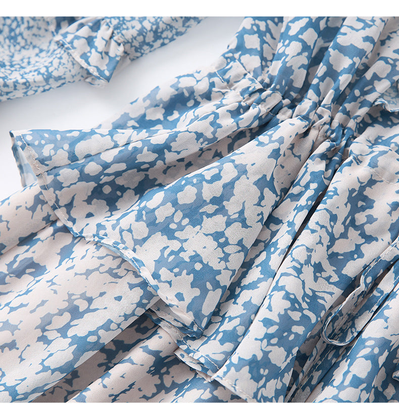 Bel Büzgülü Uzun Kollu Mini Şifon Elbise