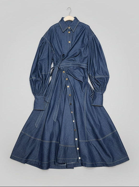 Asimetrik Etekli Balon Kollu Jean Elbise